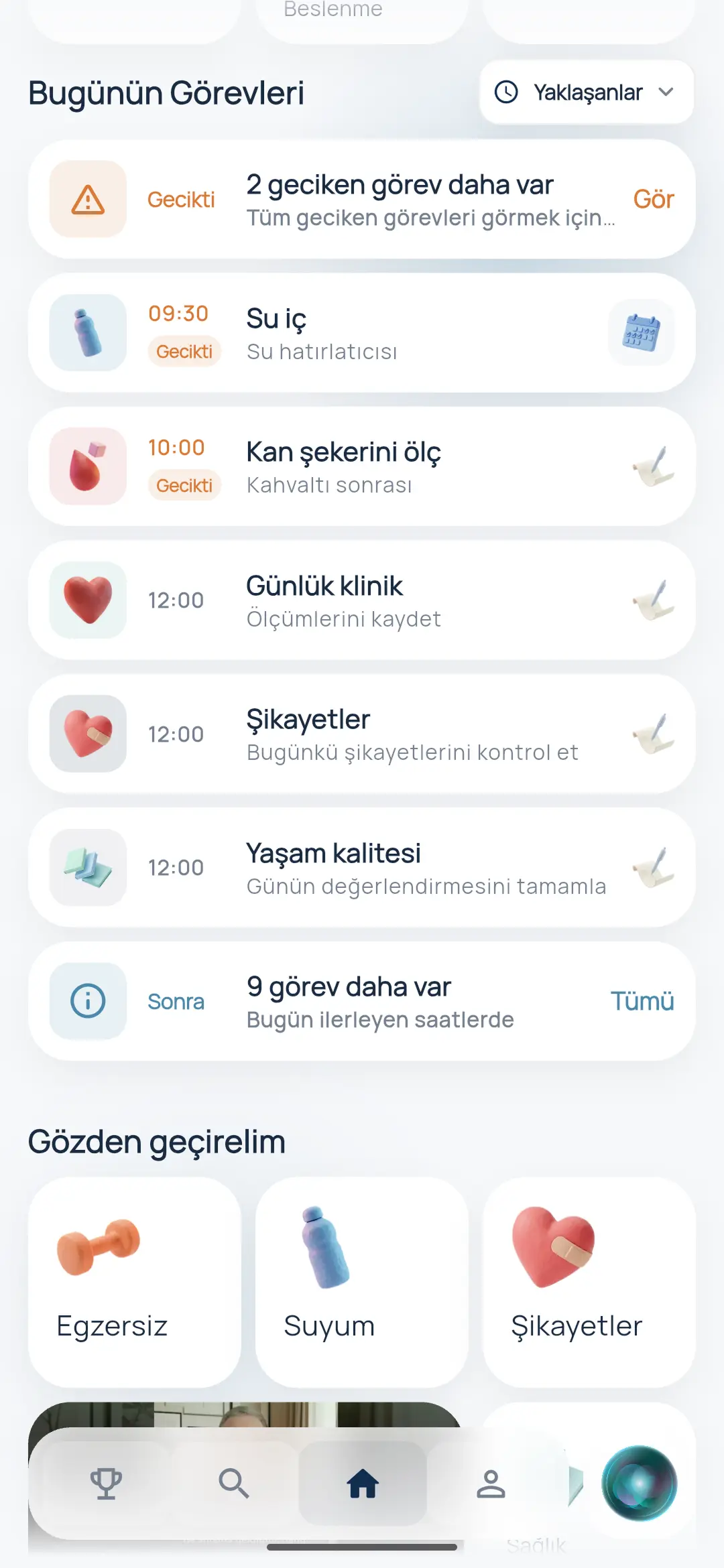 Sağlık hedeflerini, egzersiz rutinlerini ve koruyucu sağlık görevlerini izleyen Corpy uygulaması günlük alışkanlık listesi.